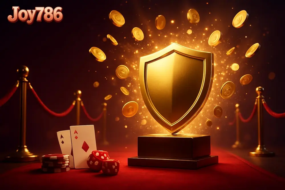 Joy786 App Download — golden shield medal on a plinth beside a red carpet