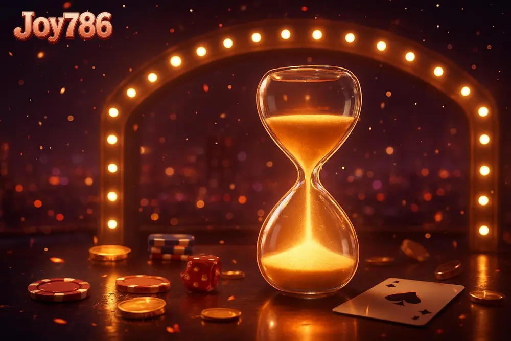 Joy786 Aviator Game — glowing hourglass on a rooftop terrace at night