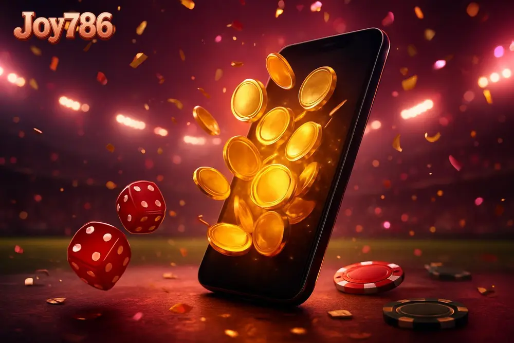 Joy786 bKash Deposit — smartphone erupting coins on a floodlit stadium pitch