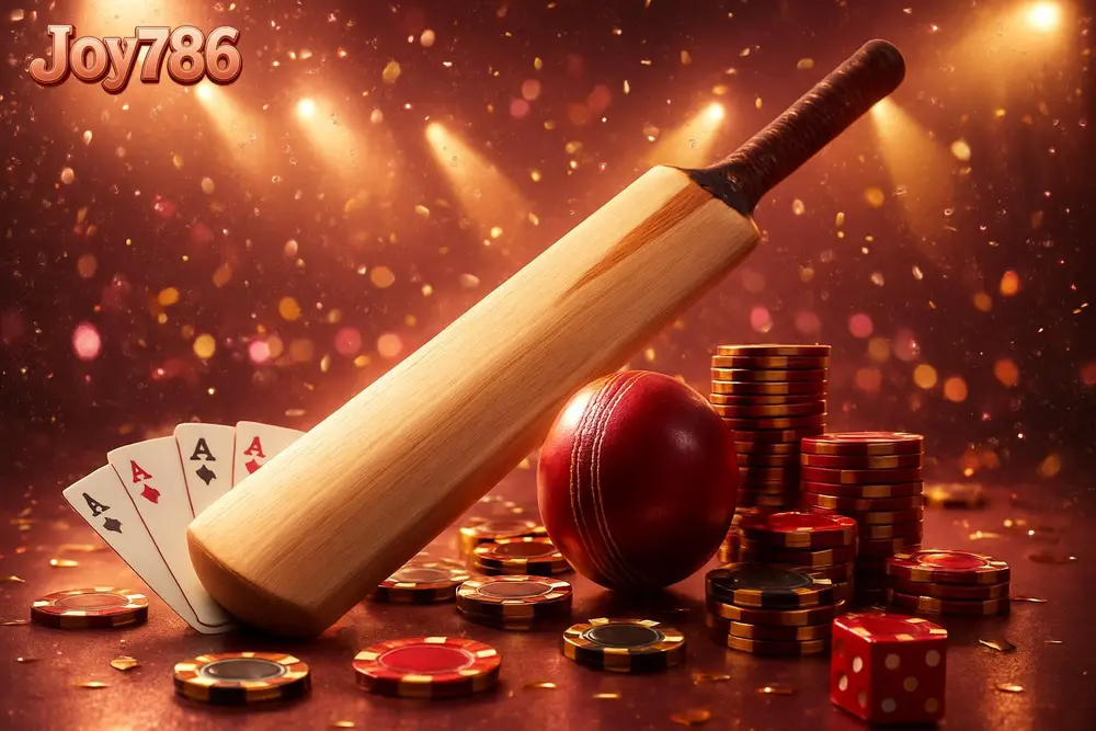Joy786 Cricket Betting — cricket bat and ball on a confetti-lit stage