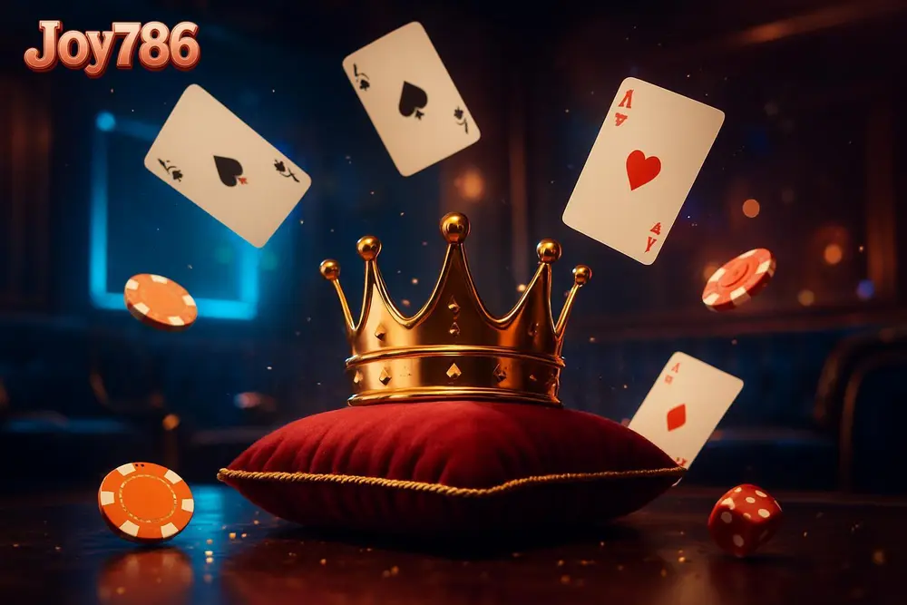 Joy786 Bangladesh โ golden crown displayed amid flying cards in a neon lounge Joy786 Bangladesh โ golden crown displayed amid flying cards in a neon lounge
