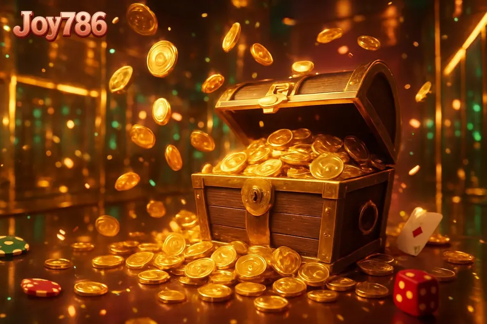 Joy786 Signup Bonus — treasure chest overflowing with coins in a mirrored hall